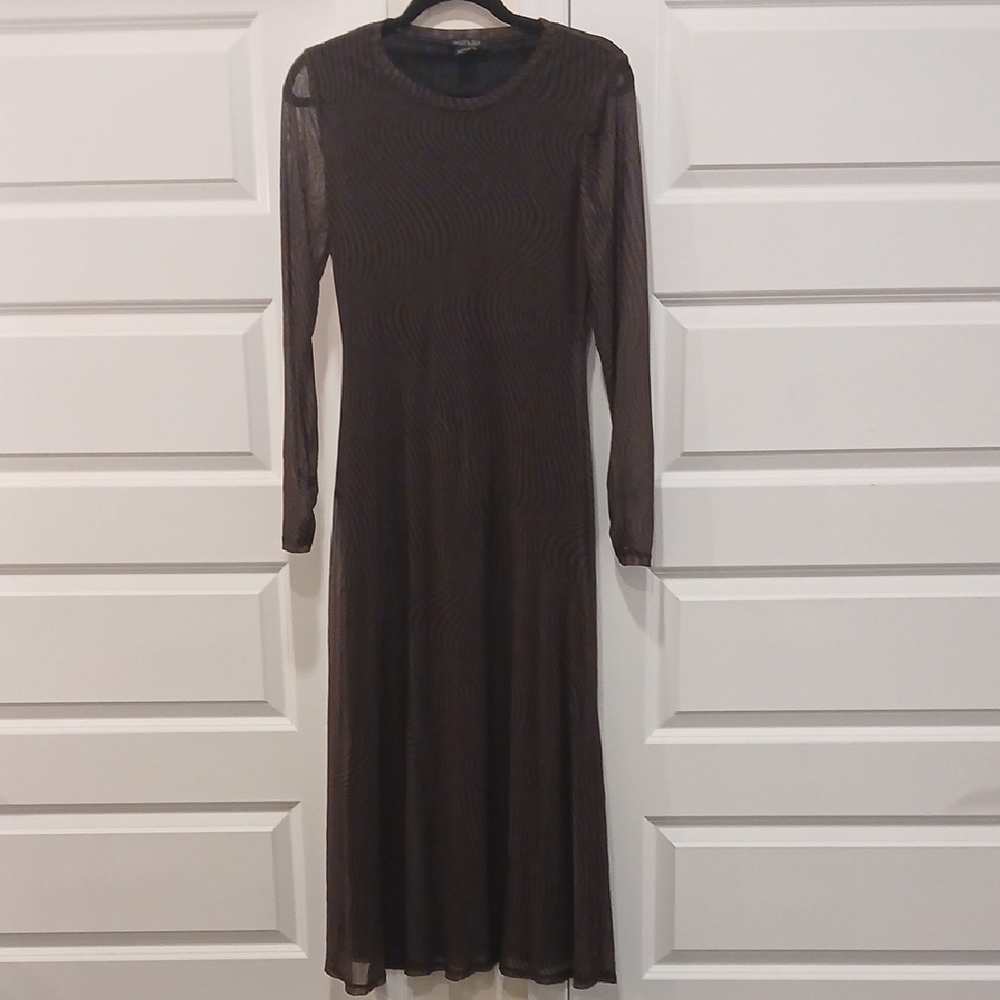 Rachel Zoe Brown Black Wavy Line Sheer Layover Midi Dress Size Small - Picture 3 of 9